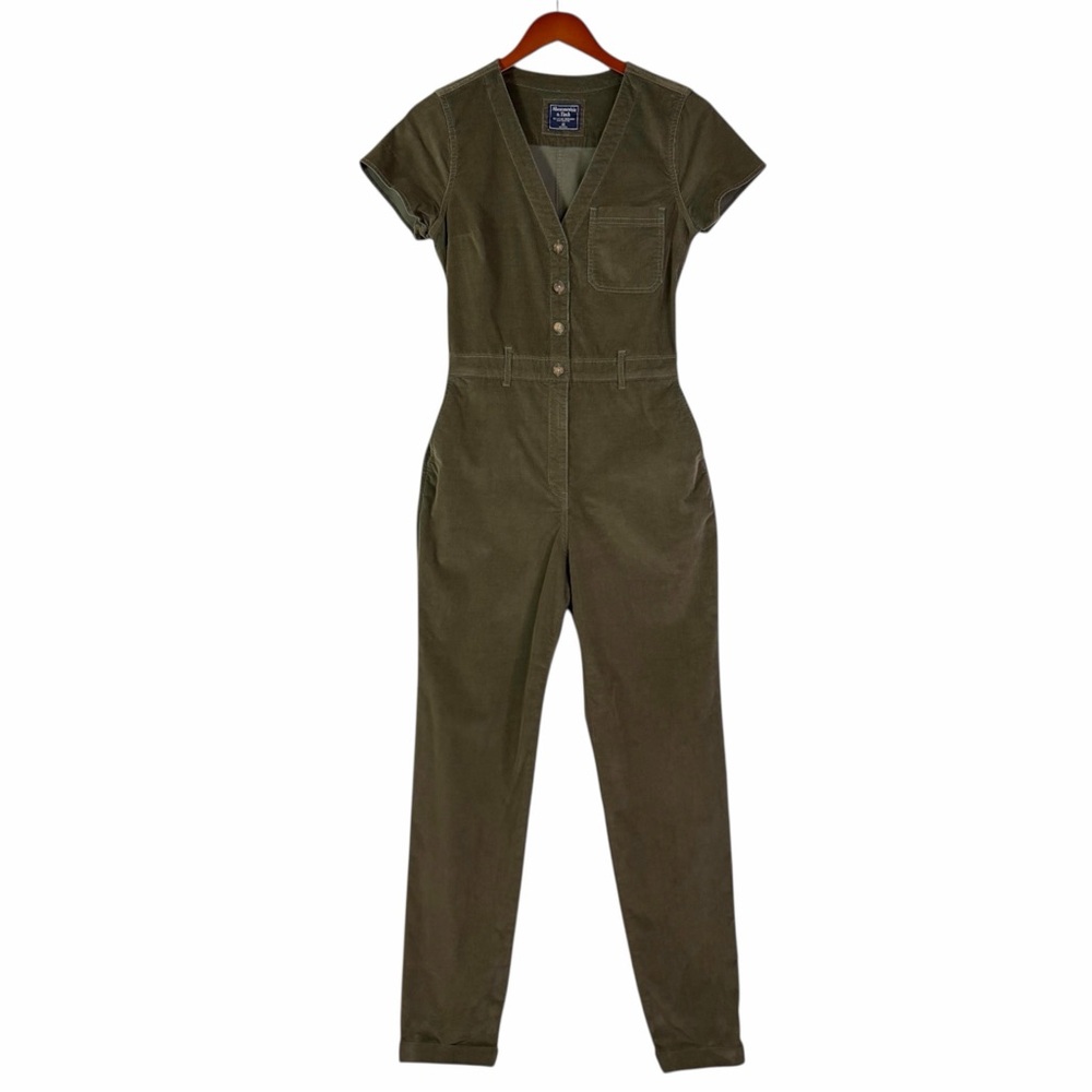 Abercrombie & Fitch Olive Green Corduroy Utility Jumpsuit Short Sleeve XS